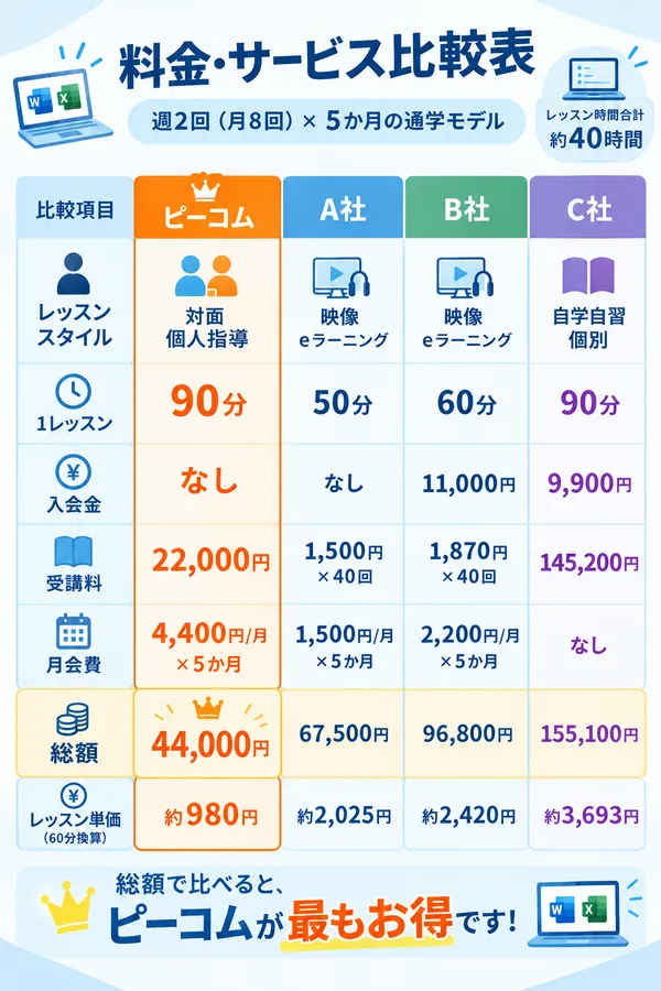 料金・サービス比較表。総額でも単価でもピーコムが最もお得。